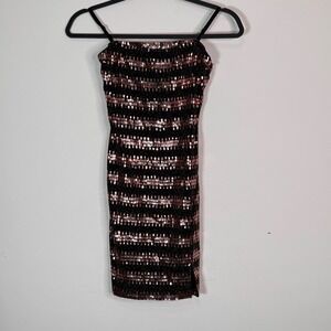 Vintage Fashion Magazine Black Rose Gold Sequin Strappy Bodycon Mini Dress S
